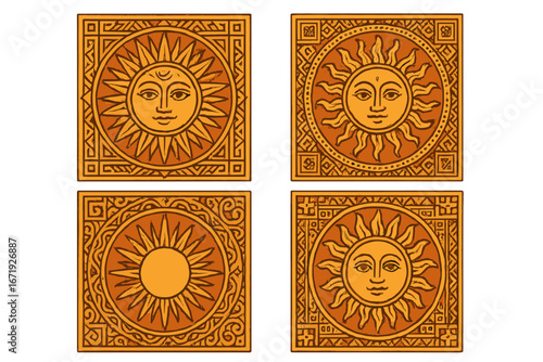 Traditional geometric patterns featuring sun motifs and intricate cultural designs, showcasing vibrant ethnic artistry in a detailed vector cartoon illustration on a transparent background