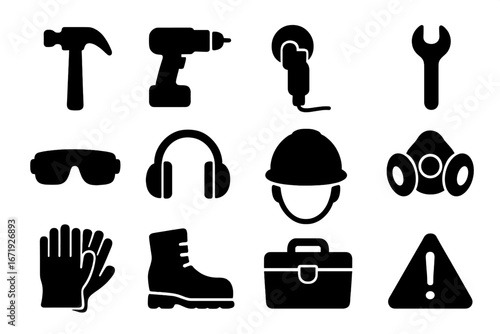 Workshop safety silhouette icons set with essential tools, protective gear, and equipment symbols, vector cartoon illustration on transparent background, organized toolkit collection
