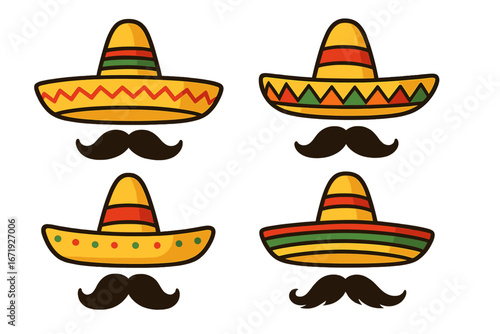 Unique festive sombrero and mustache vector designs, perfect for cultural celebrations, party decorations, Mexican heritage events, cartoon style illustrations on transparent background