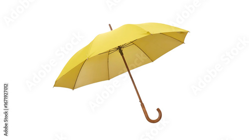 A bright yellow umbrella with a curved wooden handle is shown open and angled against a stark black background isolated on transparent background
