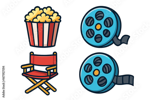 Colorful Movie Icons with Popcorn, Film Reels, and Director's Chair in Playful Cartoon Style for Cinematic Creativity and Entertainment Vector Illustration