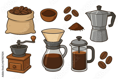 Variety of Coffee Beans, Ground Coffee, and Brewing Extraction Tools Displayed on White Background for Coffee Preparation Techniques, Vector Cartoon Illustration, Barista Equipment