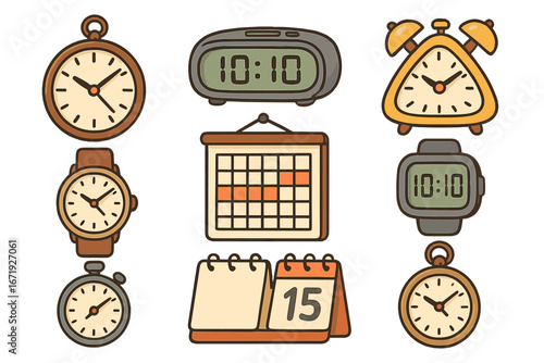 Various timekeeping tools including watches, clocks, alarms, and calendars arranged neatly in grid format showcasing diverse styles and functions. Vector cartoon illustration.