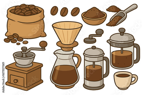 Variety of coffee beans, ground coffee, and brewing extraction tools on white background, vector cartoon illustration showcasing coffee preparation techniques and equipment for barista use