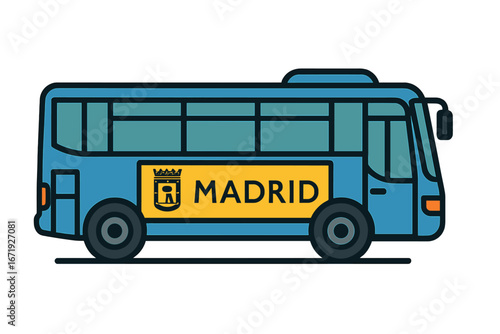 Blue Madrid City Bus Vector Illustration with Large Advertising Space on Side, Urban Public Transportation Cartoon Design, Transparent Background Clipart for Branding and Marketing