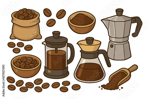 Variety of coffee beans, ground coffee, and brewing extraction tools including French press, moka pot, and pour-over dripper displayed on white background, vector cartoon illustration