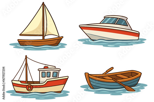 Various Types of Boats Sailing on Calm Waters During Daylight Hours, Vector Cartoon Illustration with Transparent Background, Ordered Set of Sailboat, Motorboat, Fishing Boat, Rowboat