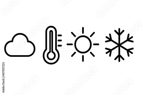 Temperature and Weather Icon Set with Climate Symbols Including Thermometer, Sun, Snowflake, and Cloud - Linear Vector Cartoon Illustration with Transparent Background