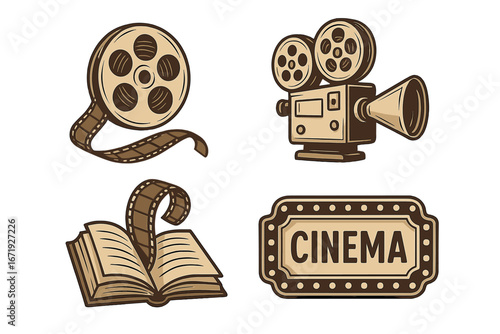 Vintage film reel and camera vector illustrations showcasing cinematic history, storytelling impact, classic cinema elements, and retro movie equipment set on transparent background