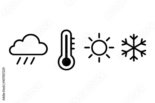 Temperature and weather linear icon set with climate symbols, thermometer, sun, snowflake, rain cloud. Vector cartoon illustration with transparent background, ordered minimal design.