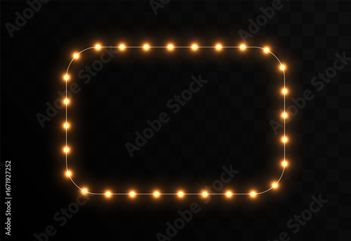 A Frame LED Gold Garland. PNG. Illustration on a Transparent Background. Suitable for use in advertising invitations, Web Banners and Cards. Christmas light PNG.	