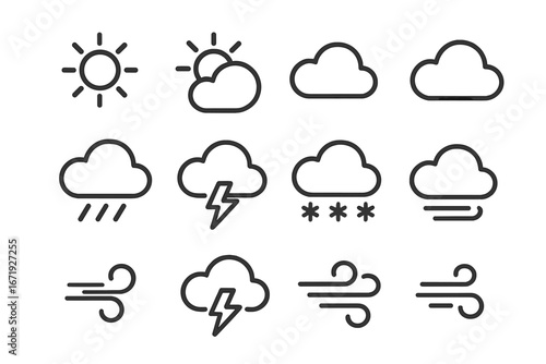 Weather line icon set with sun, clouds, rain, lightning, wind, storm, and snow symbols, forecast and climate vector cartoon illustrations on transparent background, ordered collection