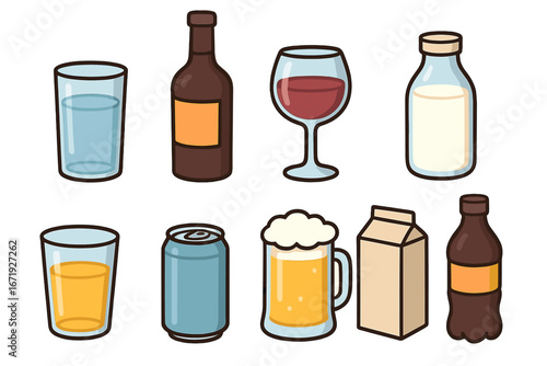 Various container shapes and types illustrating different liquids and beverages in a minimalist vector cartoon style on transparent background, including glasses, bottles, cans, milk cartons, and mugs