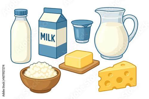 Various dairy products and containers illustrated in modern cartoon style on white background. Vector collection including milk bottle, carton, yogurt cup, butter, cheese, pitcher, and cottage cheese.