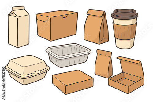 Various Types of Packaging Boxes for Food and Retail Products, Eco-Friendly Carton and Paper Containers, Disposable Food Packaging, Takeout Boxes, Coffee Cups, and Carton Cartoons Set Illustration