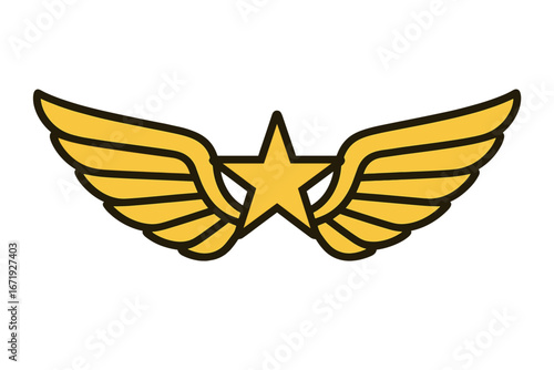 Military wing badge with star icon, army wings symbol, aviation insignia, pilot emblem, defense force wing collection, vector cartoon illustration with transparent background