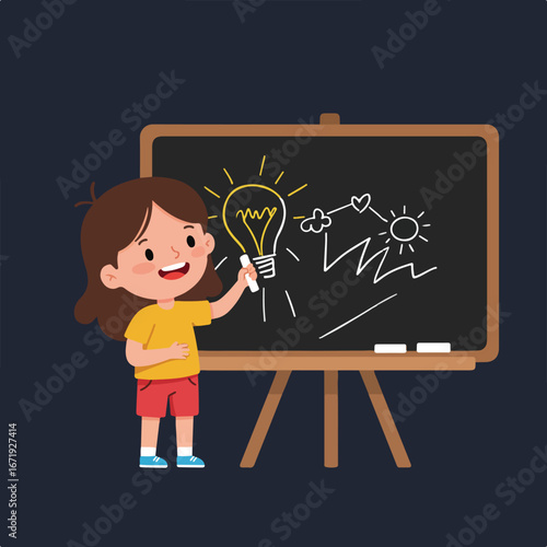 Girl Drawing Idea on Blackboard in Classroom