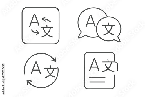 Language translation icon set with chat bubbles, translation service symbols, vector cartoon illustrations, clear line art, isolated transparent background, communication and linguistics concept