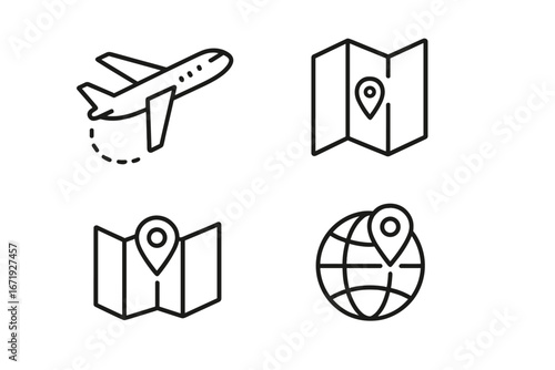 Travel and tourism icon set with flight, map, location, and global destination symbols in clean line style, vector cartoon illustration with transparent background, ordered set