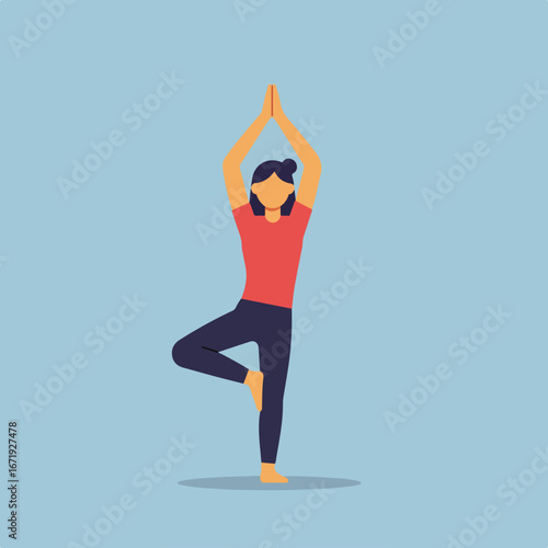 Woman Posing Tree Yoga Asana on Light Blue Background, Minimalist Style