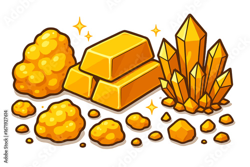 Various Types of Gold Nuggets, Bars, and Crystals in a Vibrant Colorful Arrangement, Vector Cartoon Illustration, Precious Metal, Wealth, Luxury, Investment