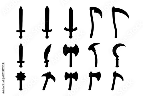 Vector set of weapon silhouettes including swords, axes, and scythes in bold cartoon style, isolated icons with transparent backgrounds, medieval and fantasy weapon collection