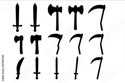 Weapon silhouette icon set with swords, axes, and scythes in silhouette style collection, vector cartoon illustration with transparent background, ordered medieval weapon graphics set