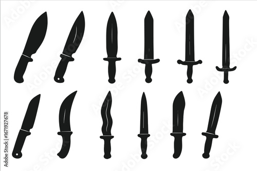 Sleek weapon silhouette icon set featuring knives, swords, and daggers in vector cartoon style with transparent background, ordered collection of sharp edged blades and combat tools