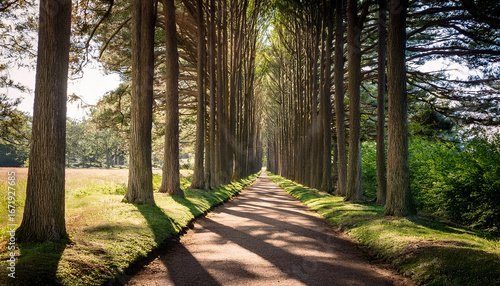 a narrow path lined with tall trees on both sides casting long shadows in a peaceful natural setting