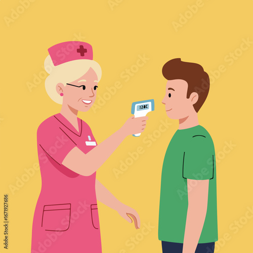 Nurse Checks Patient Temperature With Forehead Thermometer in Clinic