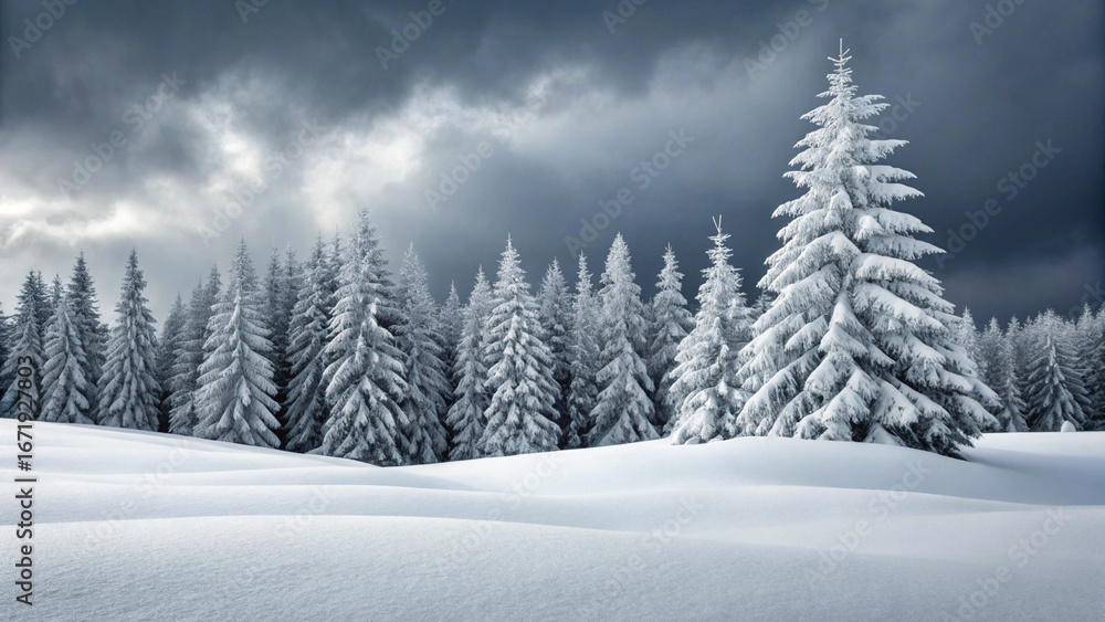 Fototapeta premium Snow-covered pine trees in a winter forest under a cloudy sky image photo