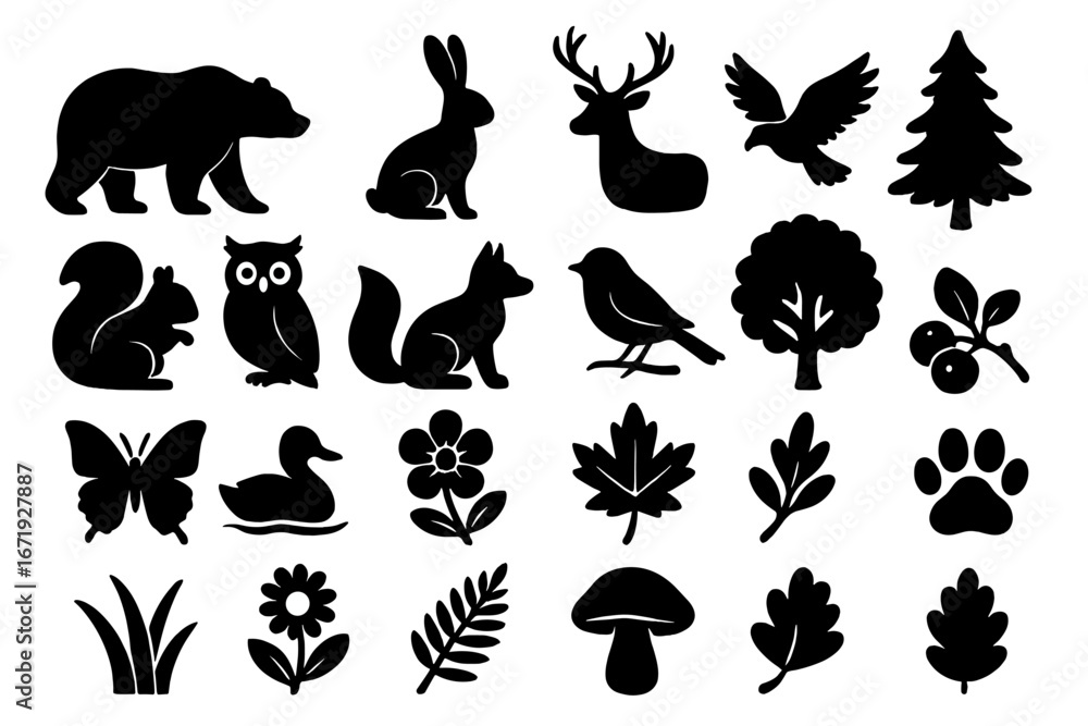 Naklejka premium Nature and wildlife silhouette icon set with flora and fauna elements, black vector silhouettes collection featuring animals, plants, trees, birds, and insects on transparent background