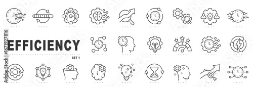 Outline icon set illustrating efficiency, productivity, time management, workflow optimization, automation, speed, analytics, planning, targets, and performance, with editable stroke