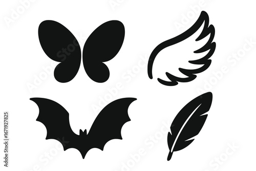 Wing silhouette icon set featuring butterfly, angel, bat, and feather outlines for creative vector projects, cartoon style, transparent background, ordered set 2