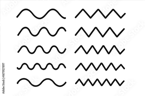 Set of wavy zigzag wave and sine line vector icons in cartoon style, smooth wave line collection with transparent background, abstract curved line design elements for graphic use