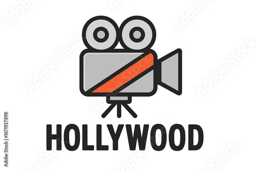 Vector Hollywood Movie Camera Icon with Orange Stripe, Cartoon Style Film Production Symbol, Isolated Cinematic Camera Illustration on Transparent Background