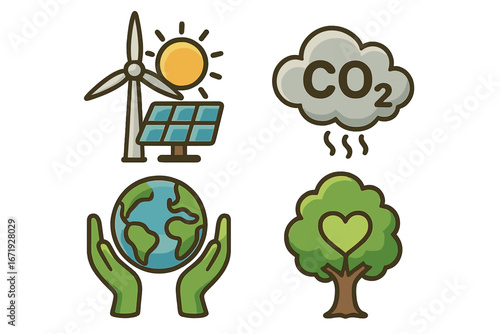 Nature icons representing sustainability concepts including renewable energy, carbon dioxide emissions, environmental conservation, and eco-friendly efforts in a colorful vector cartoon illustration
