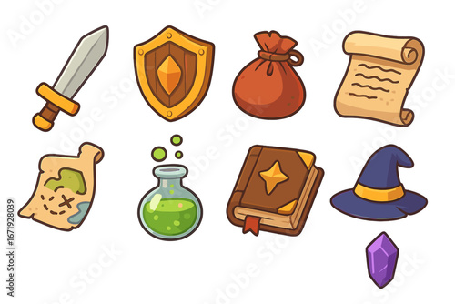 Fantasy-themed medieval quest symbols including sword, shield, magic potion, treasure pouch, scroll, map, spellbook, wizard hat, and magical crystal in vector cartoon style