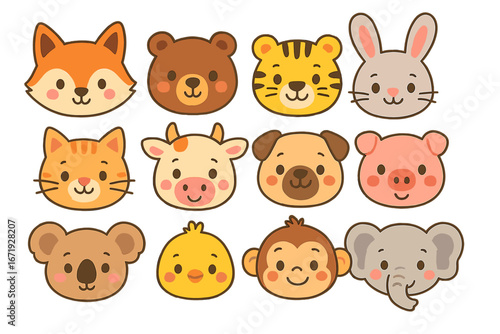 Big set of cute cartoon animal heads. Kawaii forest, farm and jungle animals faces. For baby shower, nursery decor, children's learning. Vector illustration icons collection.