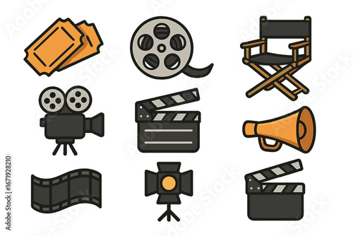 Movie production icons set illustrating filmmaking elements including tickets, clapperboards, director's chair, film reel, camera, megaphone, studio light, and film strip vector cartoon
