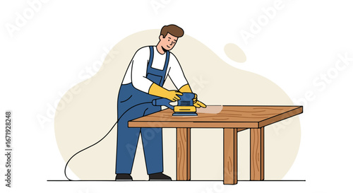 Man Smoothing Wood Table Using Sander in Workshop
