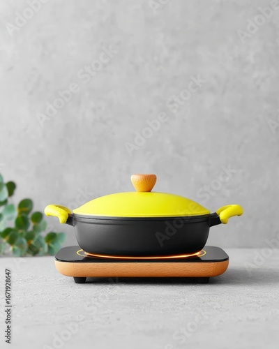 Modern still life of yellow lidded black pot on wooden portable induction cooktop, minimalistic composition, clean gray background, natural light