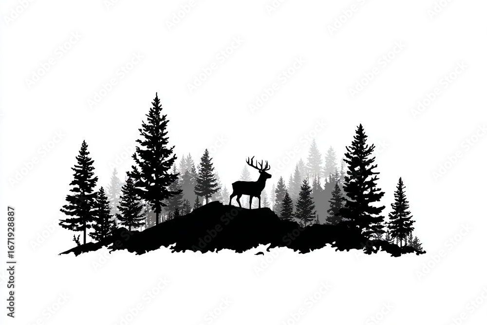 Fototapeta premium Majestic deer silhouette standing on a hill overlooking a pine forest a tranquil nature scene