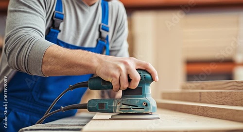 A person wearing blue overalls works diligently, using an electric sander to smooth a wooden surface in a workshop environment.