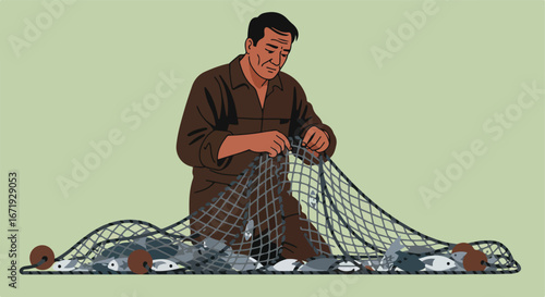 Fisherman Mending Fishing Net on Shore (Vector Art)