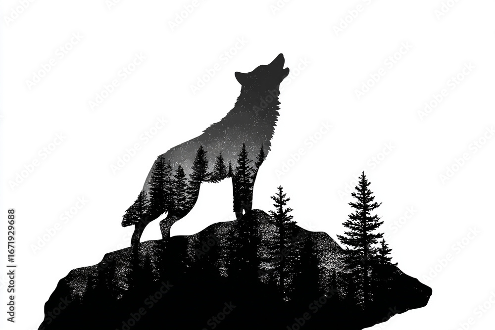 Fototapeta premium A wolf howling on a mountain top a forest inside its silhouette