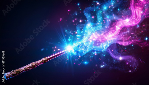 magic wand glowing with vibrant blue and pink energy
