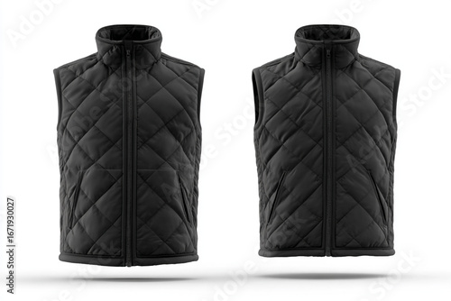 Two black quilted vests shown from front view on white background
