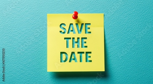 Yellow sticky note pinned to a blue wall, reading 'Save The Date'.