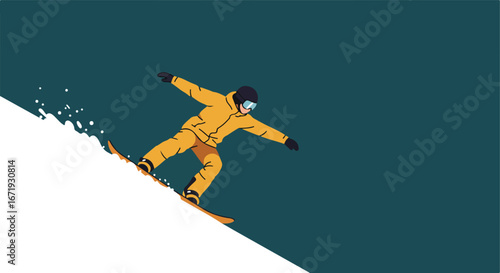 Snowboarder Carving Down Snowy Mountain